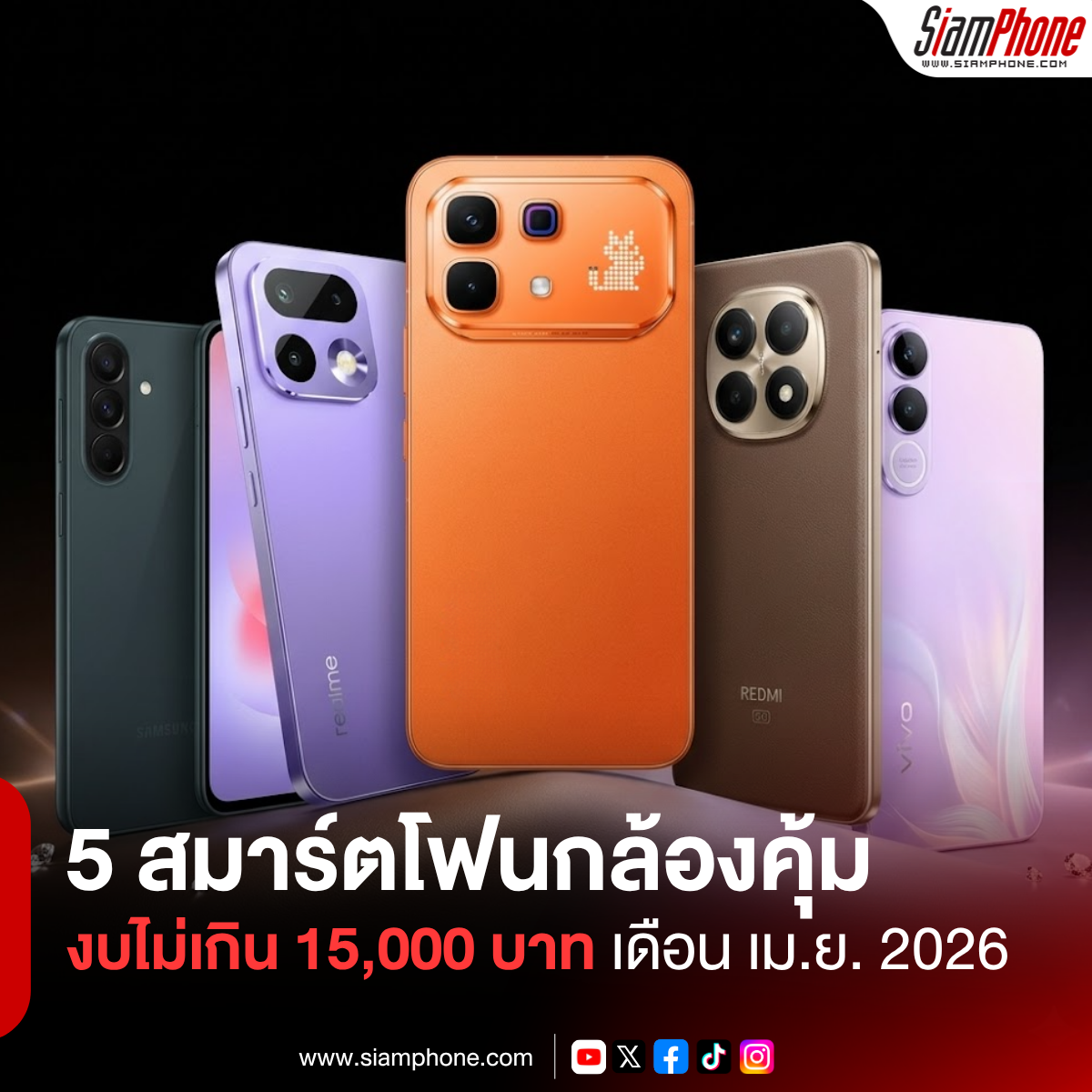 5 สมาร์ตโฟนกล้องคุ้มเกินราคา ในงบไม่เกิน 15,000 บาท ประจำเดือนเมษายน 2026